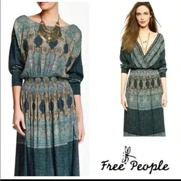Free people reversible maxi greenish/ blue dress - Picture 1 of 16